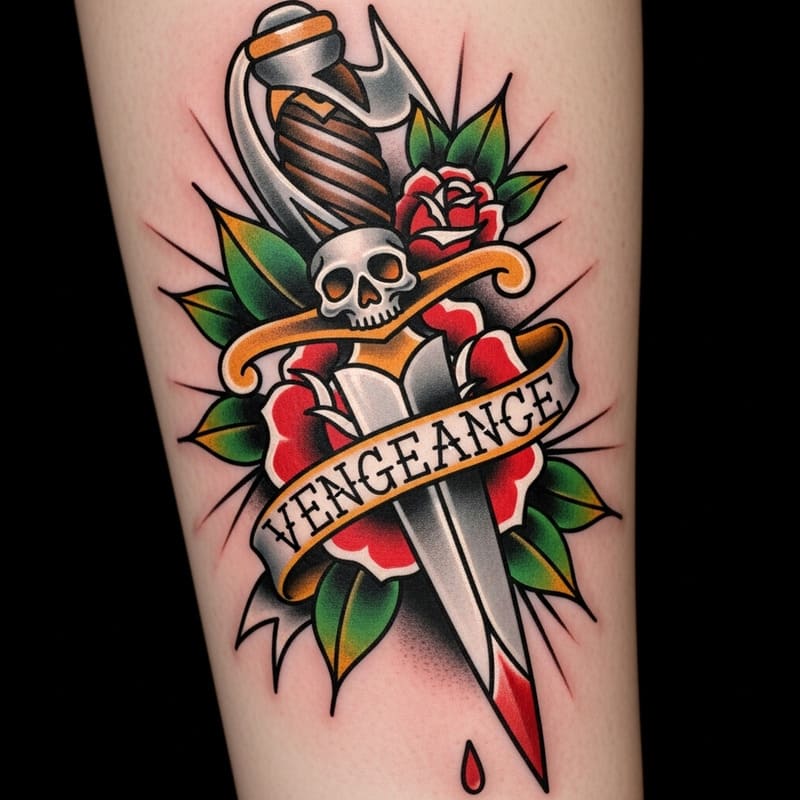 Tattoo old school de uma adaga na Vila Madalena