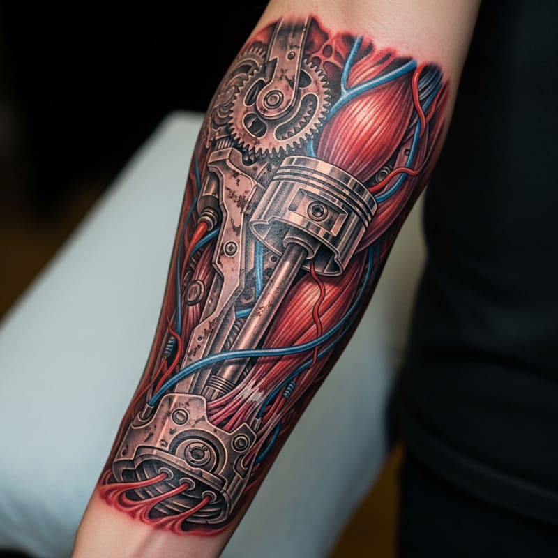 Tatuagem realismo de uma maquina saindo do musculo feita no Ink Revolution Studio